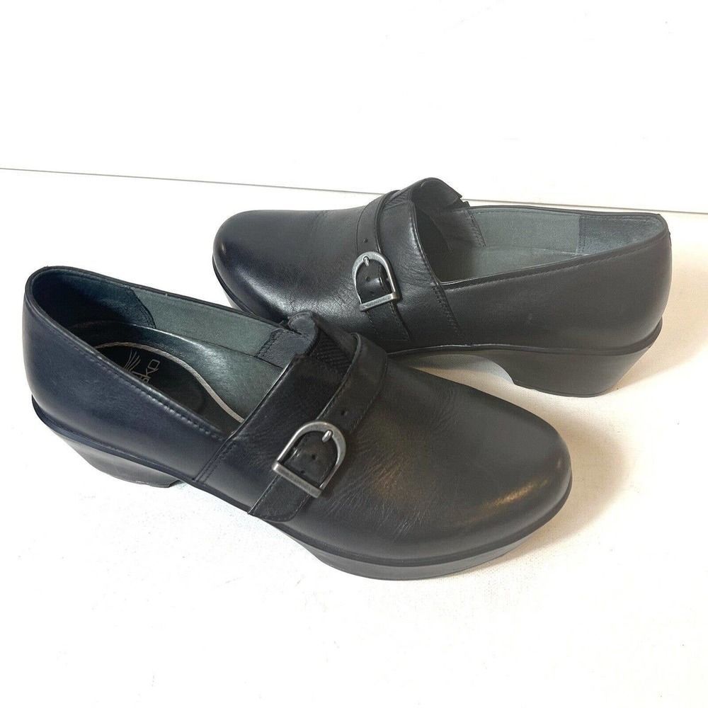 Dansko Black Leather Block Mid Heel Women's Shoes EU 39 US 8.5-9 Slip On Clogs - Picture 4 of 13